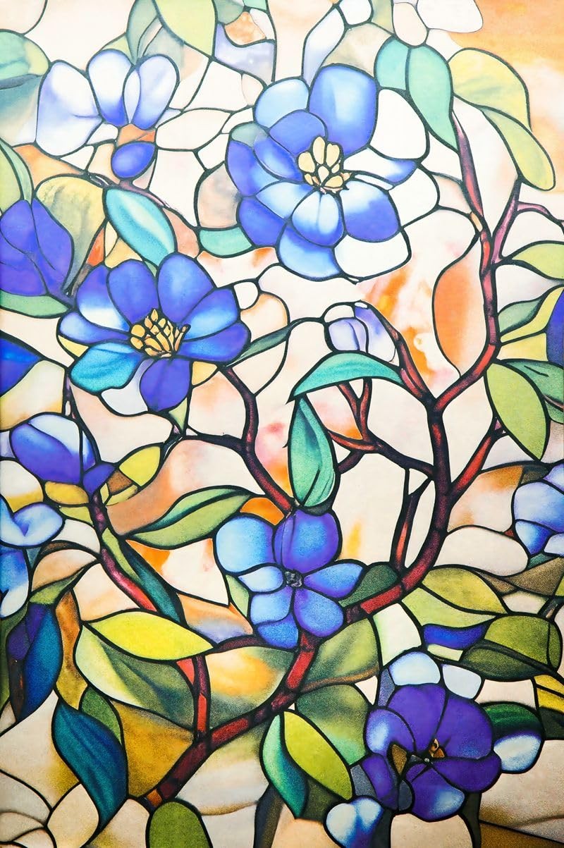 Window Privacy Film – Stained Glass Style Floral 24″ x 36″, Glazed Blue