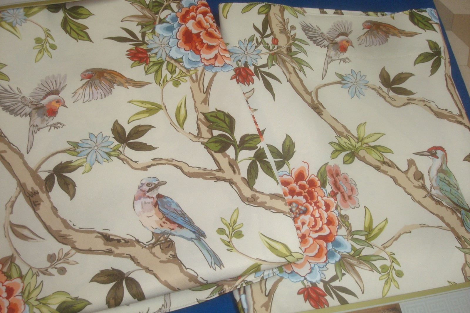 NWT Lillian August Window Curtain Panels Fancy Floral w/ Birds ea 38 x 96″ lg