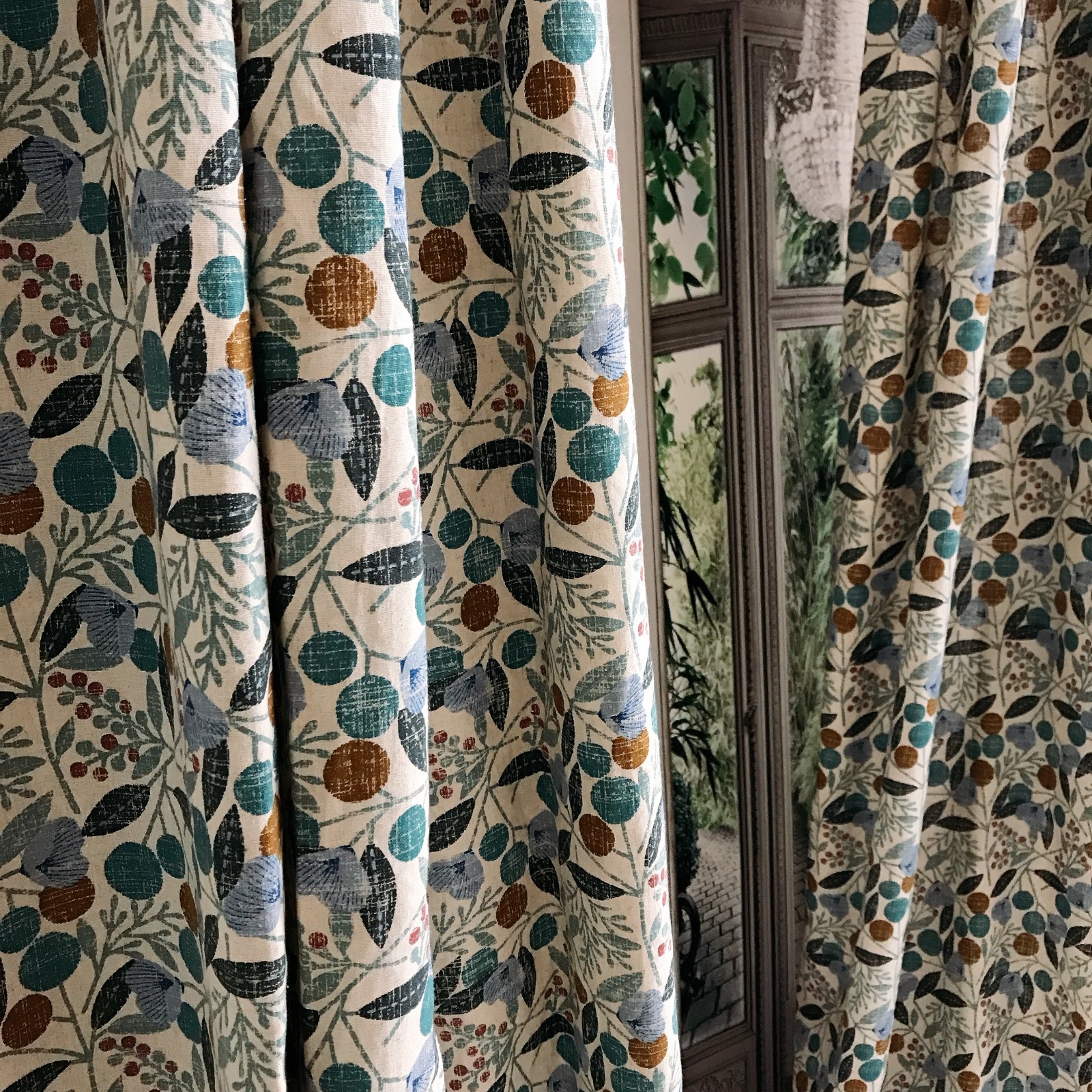 Modern Vintage Handmade Teal Cherry Blossom Pattern Natural Beige Curtain Panels