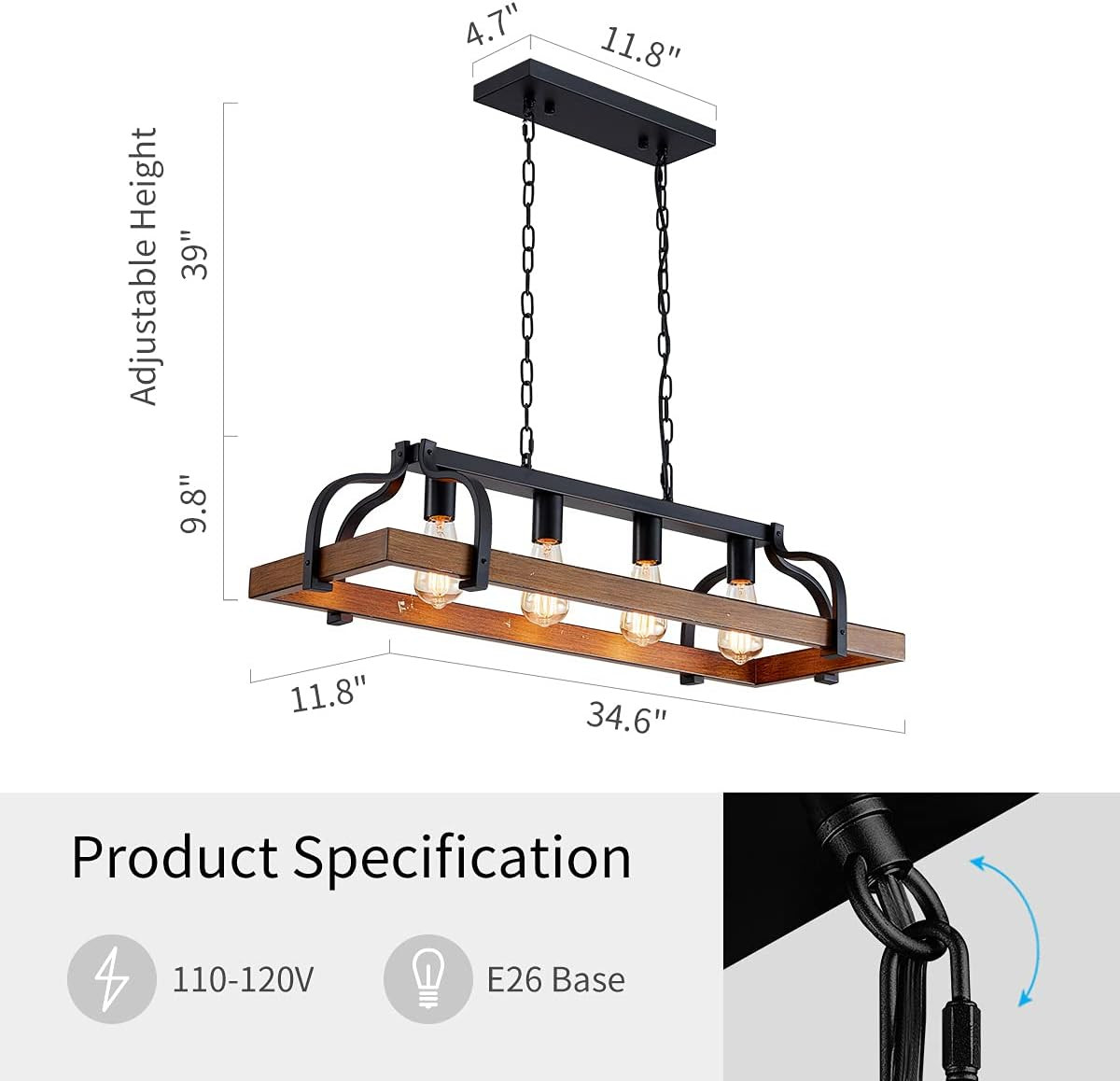 4-Light Metal Pot Hanging Rack Chandelier Imitation Wood Grain Linear Pendant Ce