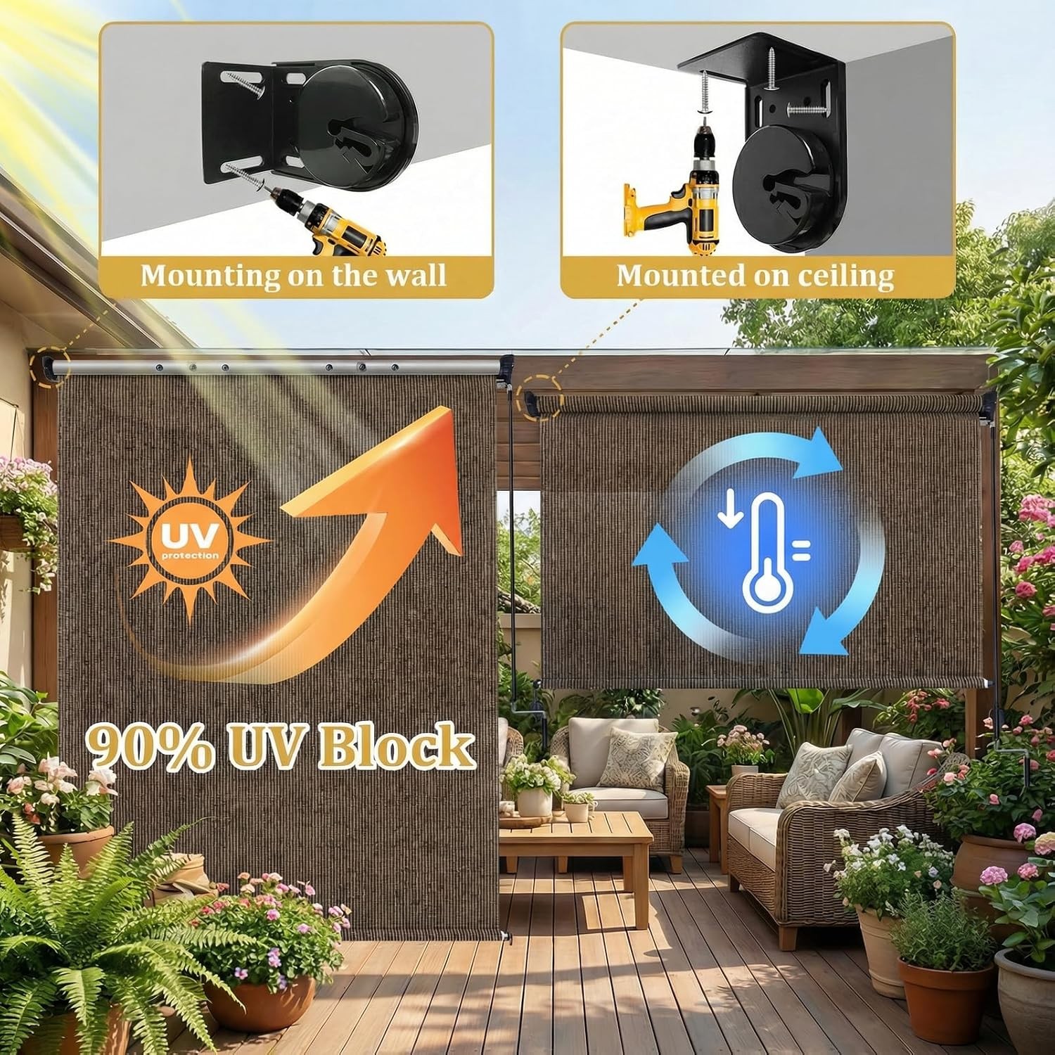 Outdoor Roller Shade 10′ W X 8′ H, 220GSM HDPE Breathable Sun Shades Outdoor