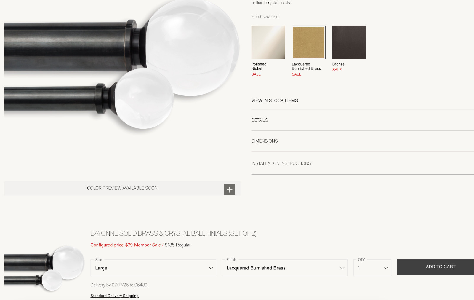 Restoration Hardware Crystal Ball Finials Large 1 1/4″ Rod S/2 LBB MSRP $185