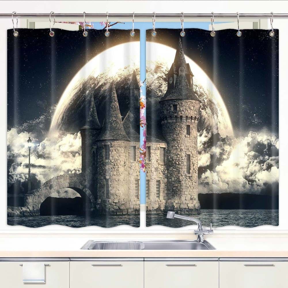 Gothic Fantasy Castle Kitchen Curtains Window Drapes 2 Panel Set with Hooks