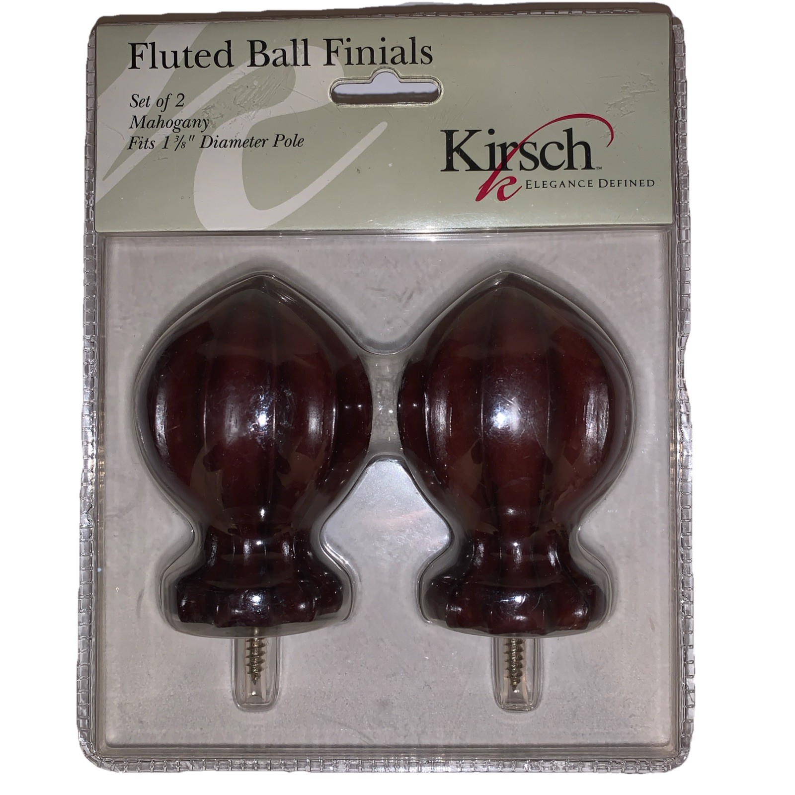 KIRSCH Mahogany Wood Fits, 1 3/8″ Diameter Pole Fluted Ball Finials Set of 2 NEW