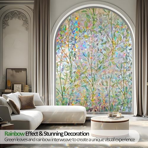 Rainbow Window Privacy Film with Installation 35.4 x 78.7 Inch Leaf Rainbow