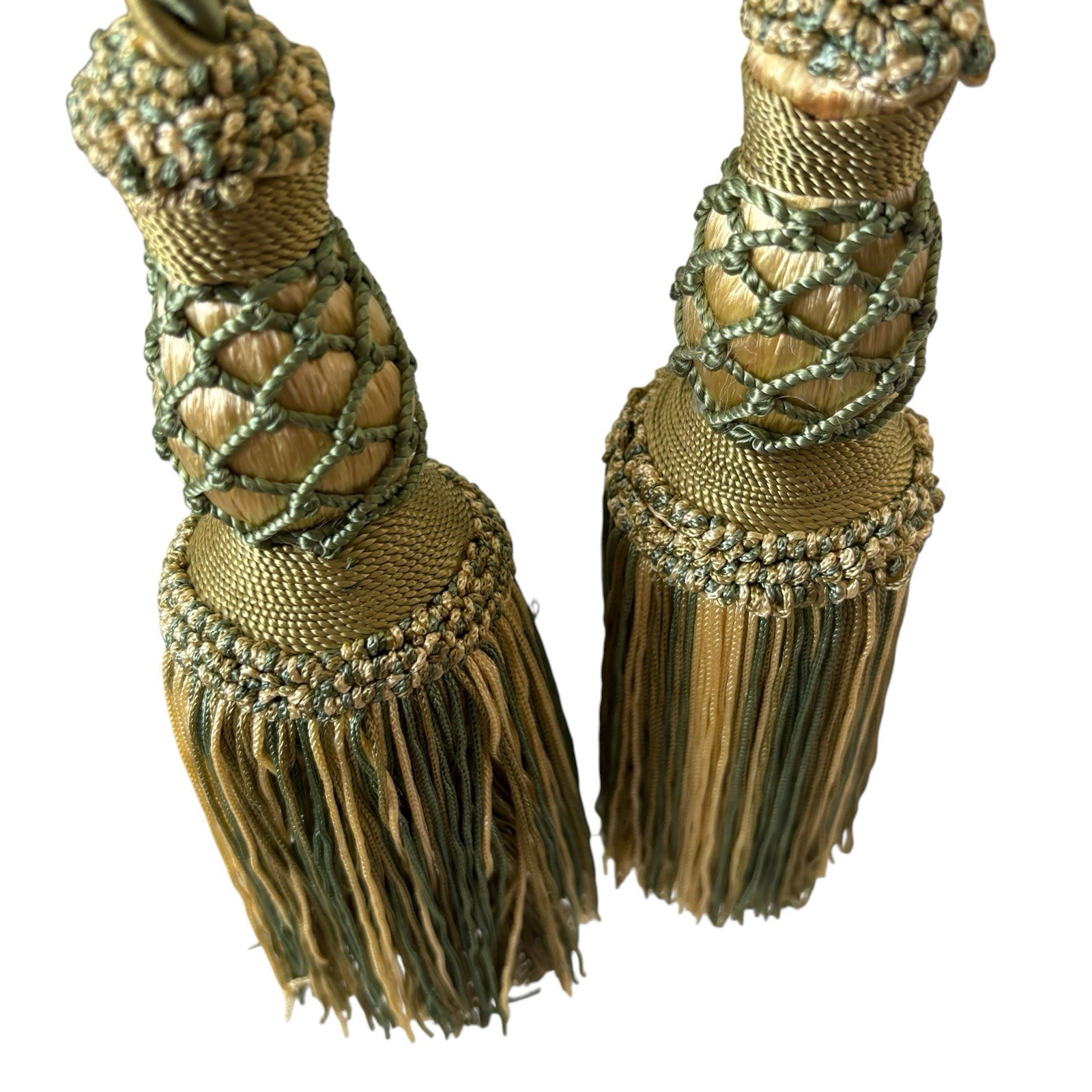2 Decopro Drapery Curtain Tiebacks Green & Gold Woven Braided Knot Tassels