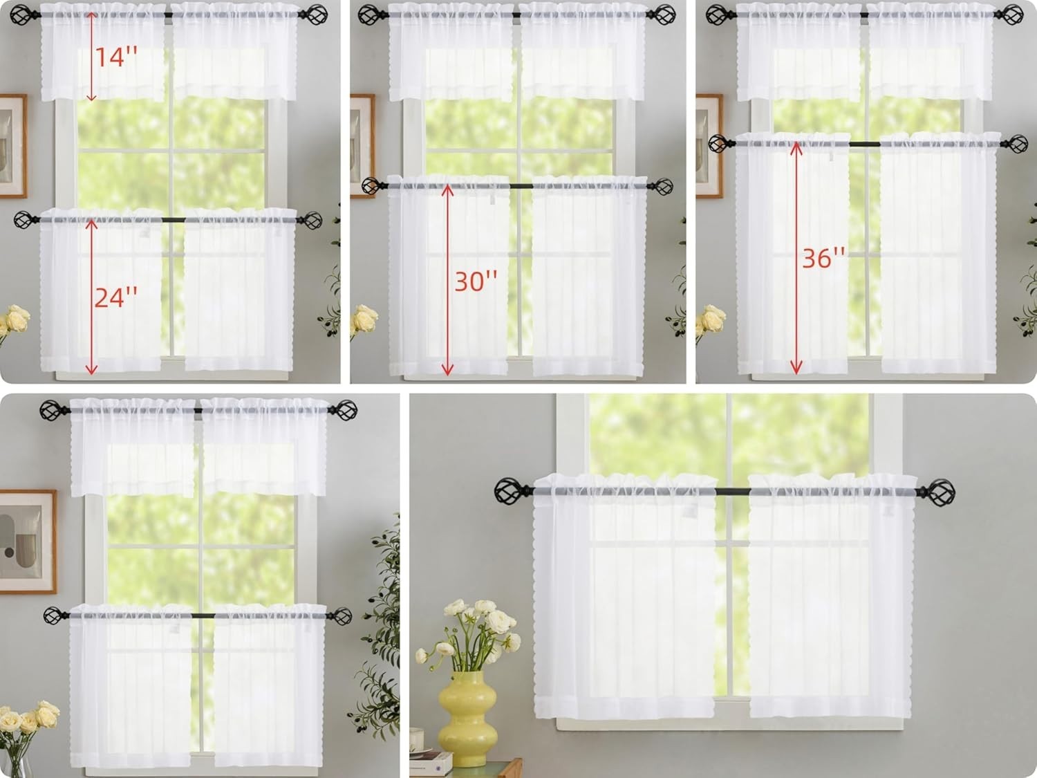 Sheer White Kitchen Tier Curtains 24 Inch 30″W x 24″L (Pack of 2) White-voile