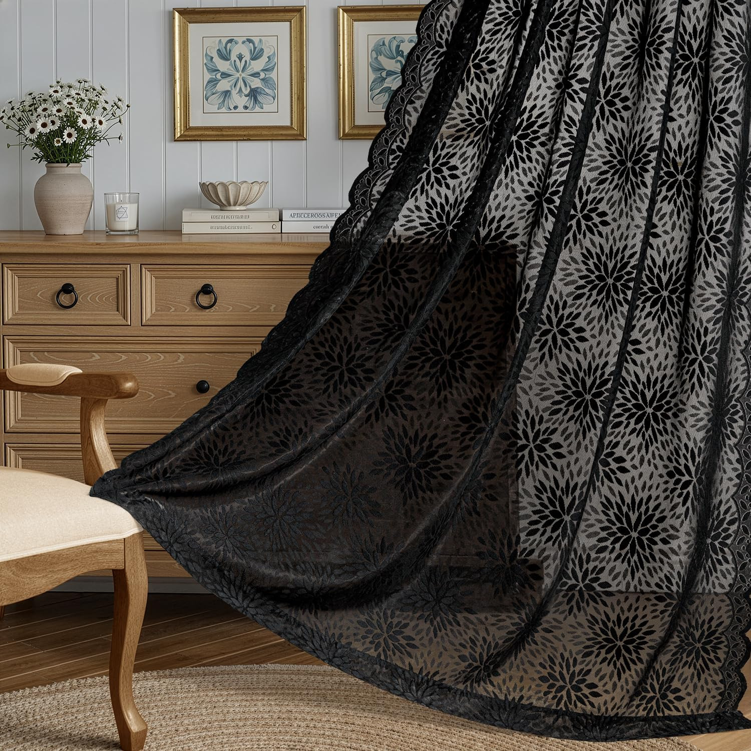 Black Lace Curtains 54 Inch Length, Victorian Floral Semi Sheer Tier