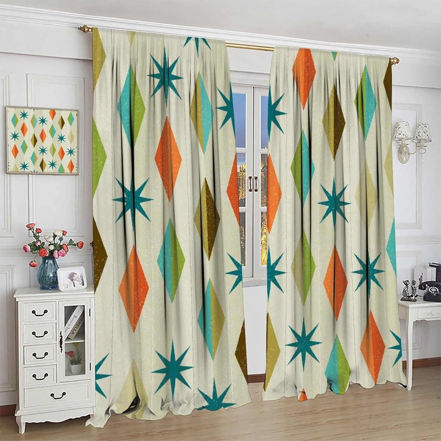 Mid Century Blackout Curtains Abstract Teal Green Yellow Orange Geometric Retro