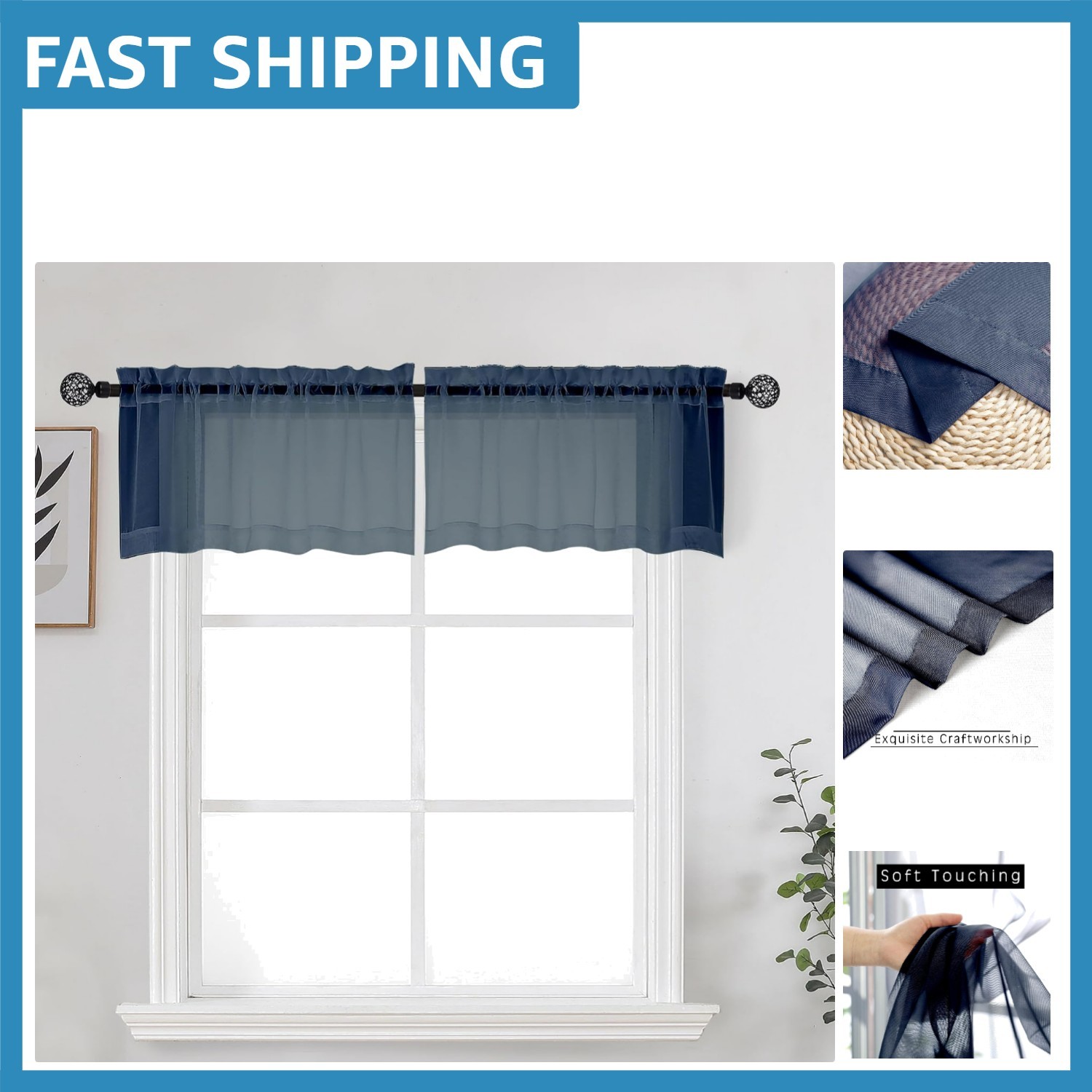 Navy Blue Sheer Valance for Classic Home Decor, Set of 2, 42″W x 14″L