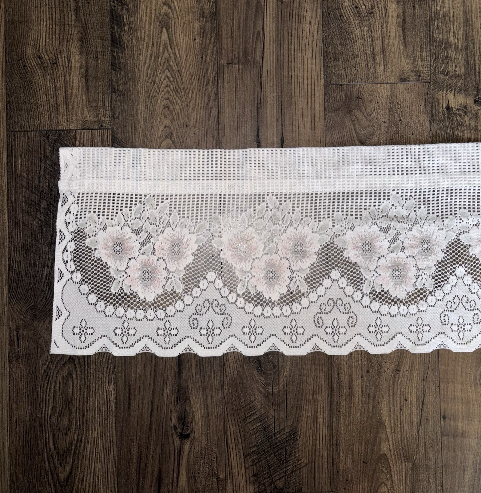Window Valance Floral White & Light Pink Crochet Double Rod Pockets 56×14.5