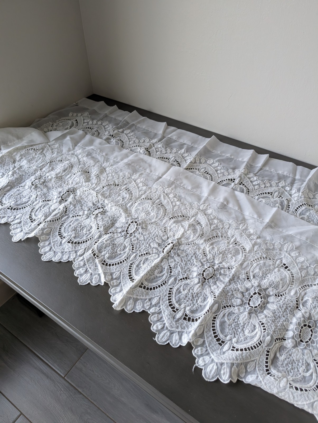 Boho Cottagecore Cream Lace Mesh Sheer Curtains Floral Pattern Scalloped Hem