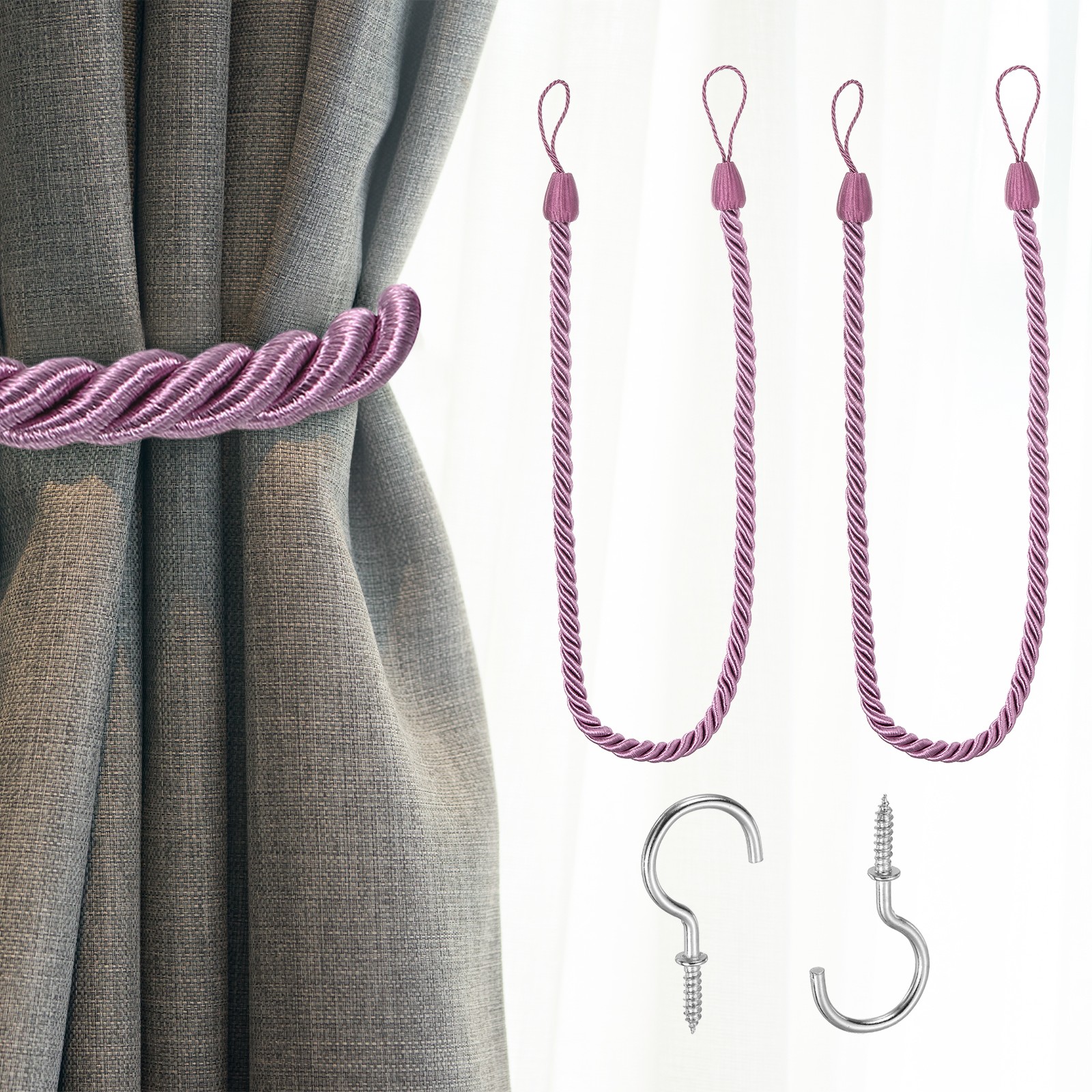 2Pcs Curtain Tiebacks 75cm/29.5″ Braided Drapery Holdback with Hook Purple