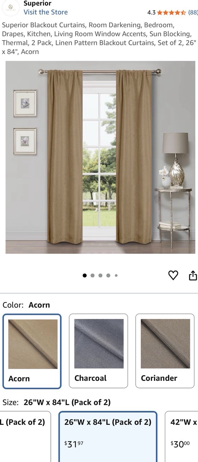 Superior Solid Blackout Room Darkening Thermal Curtains Set of 2, 26”W x 84”L
