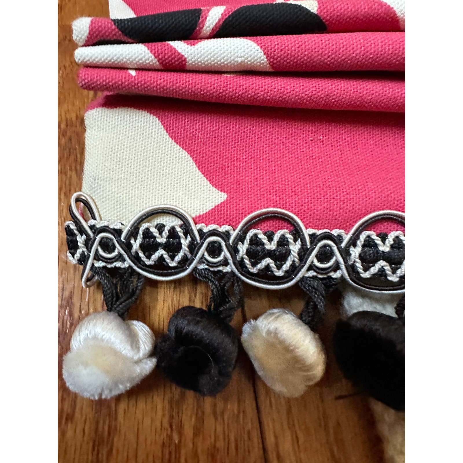 2 Custom Pair drapes pink Black White Curtains Pink Pom Poms luxury set pleated