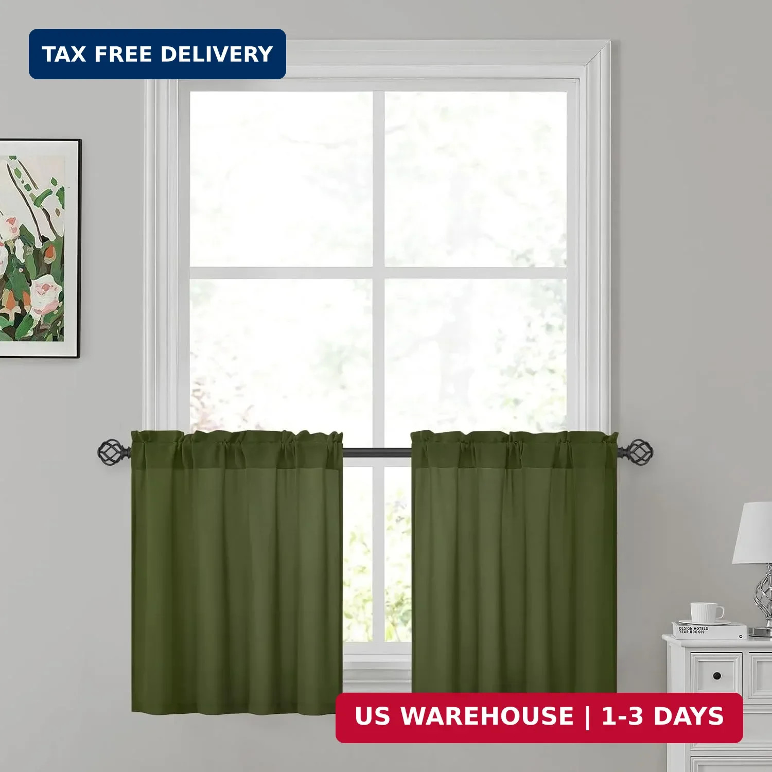 HOMEIDEAS Non-See-Through Olive Green Privacy Sheer Kitchen Curtains, 30 X 24 In