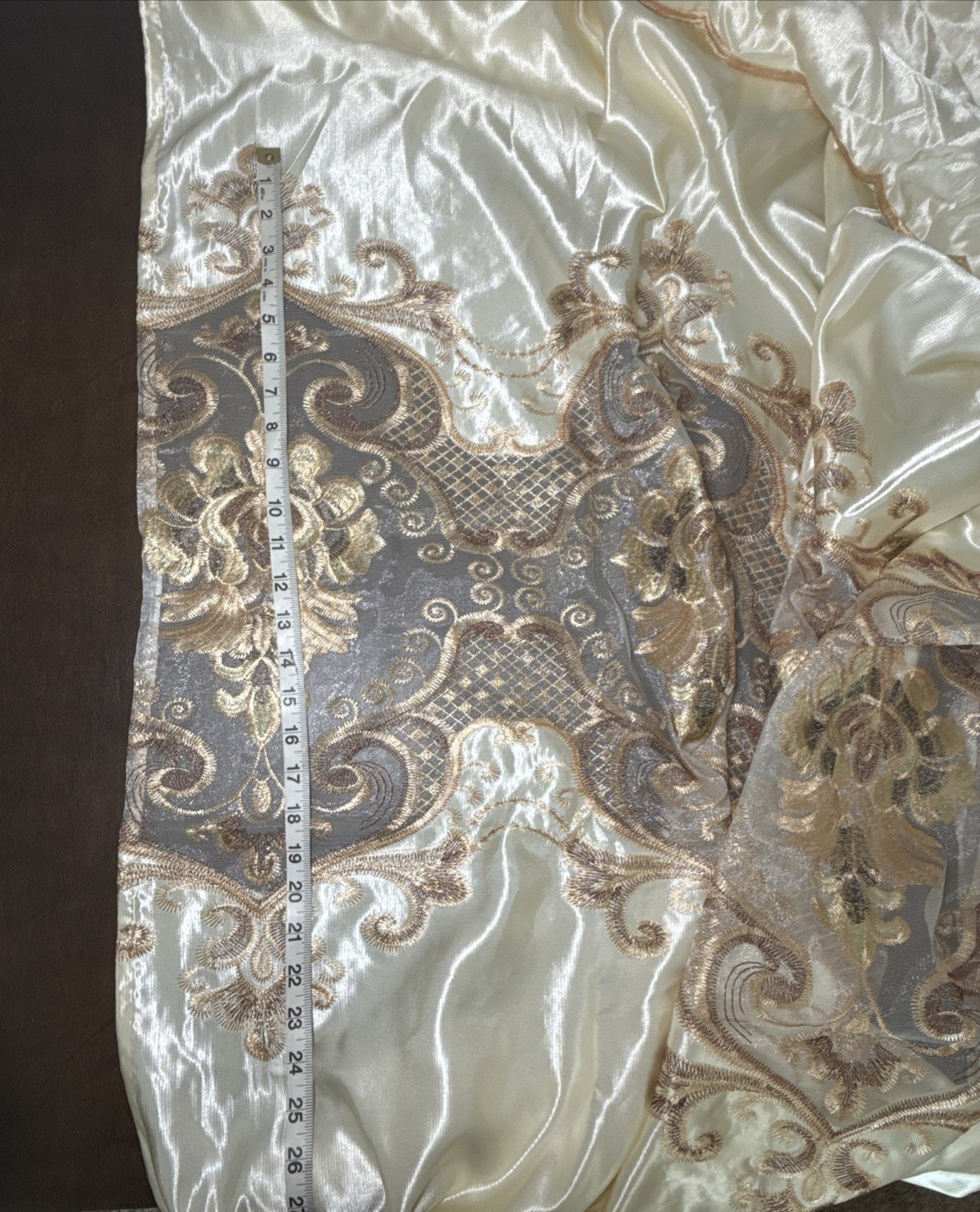 Drapes 2 Panels Beige w/ Attached Valance, Shimmer Satin, Sheer Lace 54 X 87”