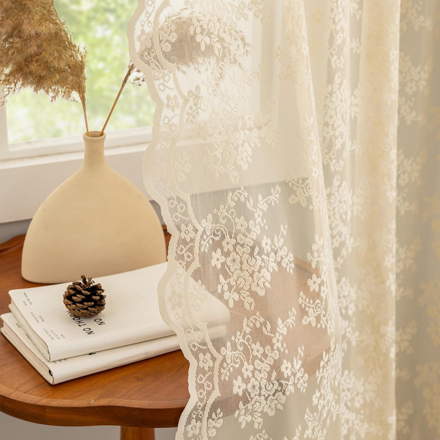 Vintage Lace Curtains 84 Inches Long-Retro Floral Beige Sheer Curtain Panels for