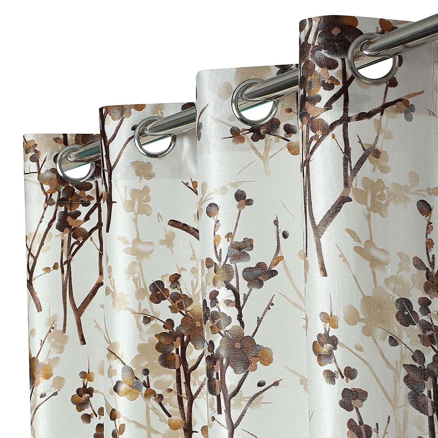 2 Piece Floral Print Ringtop Grommet Door Window Curtains Set 5 7 9 Feet-Brown