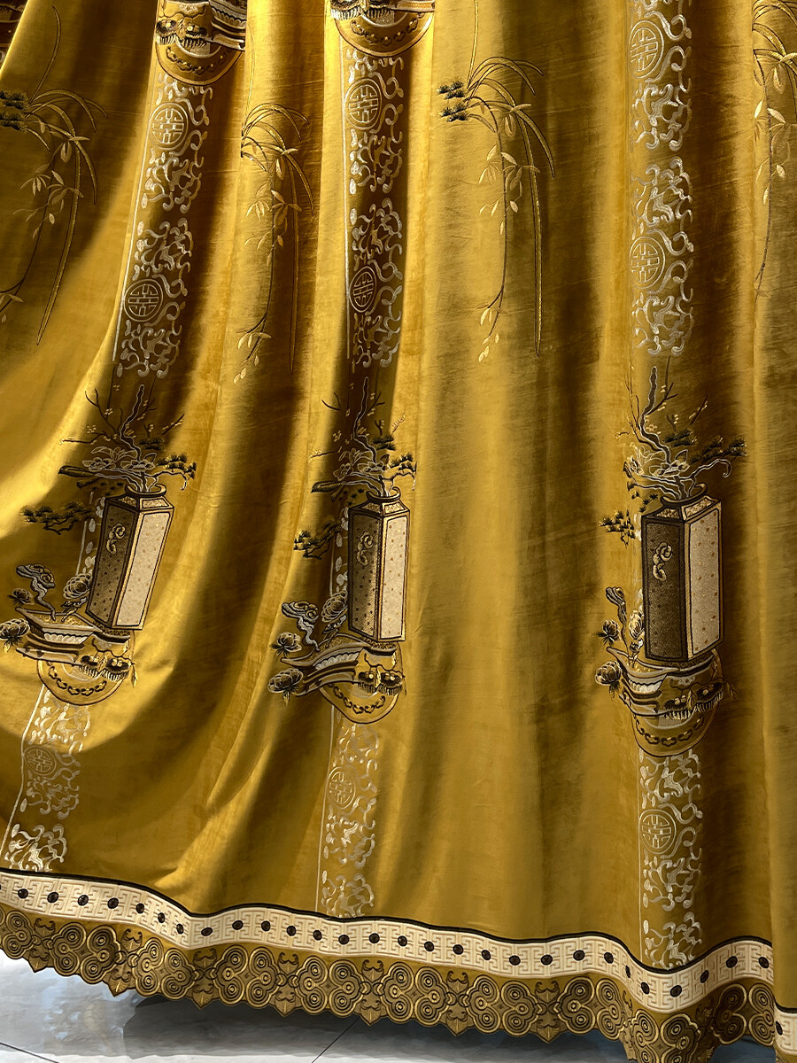 luxury Chinese Embroidery Velvet gold classical curtain valance tulle M1670