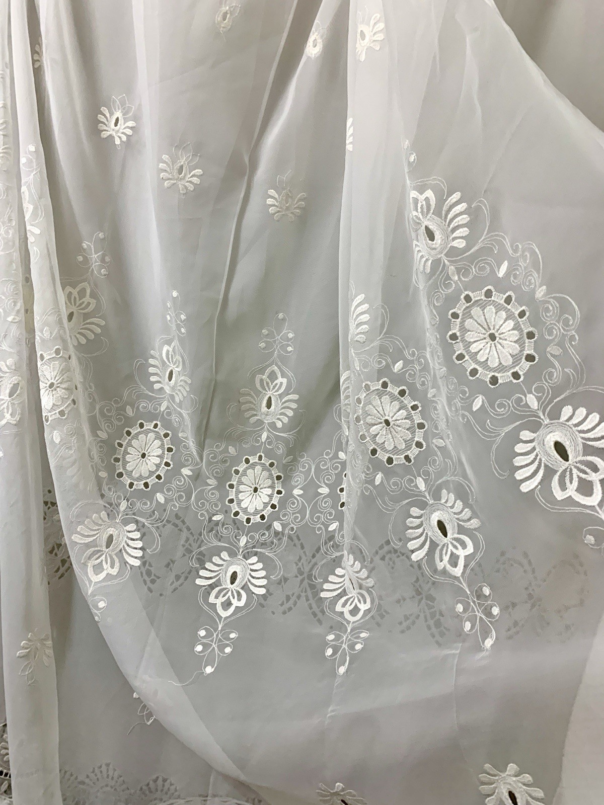 Vtg Made In France By France Voile Curtain Panel Cutwork Embroidered 58” X 78”
