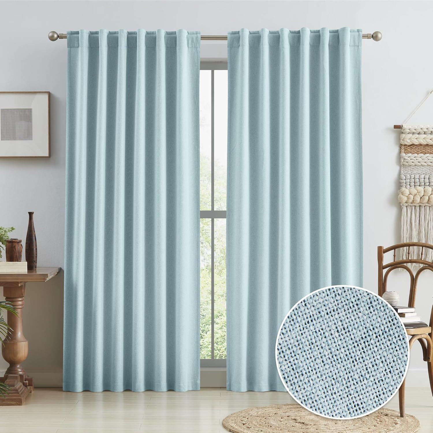 Light Sky Blue Thermal Insulated Blackout Curtains 90″ Long, 2 Pcs