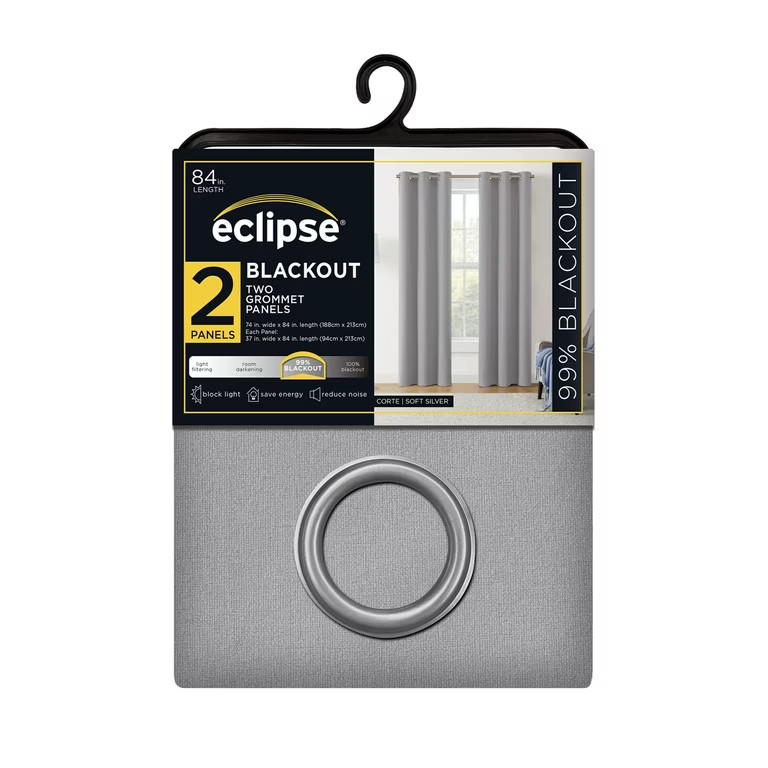 Eclipse Corte Soft Silver 99% Blackout Curtains. 2 Panels, 84″ long. New in Pack