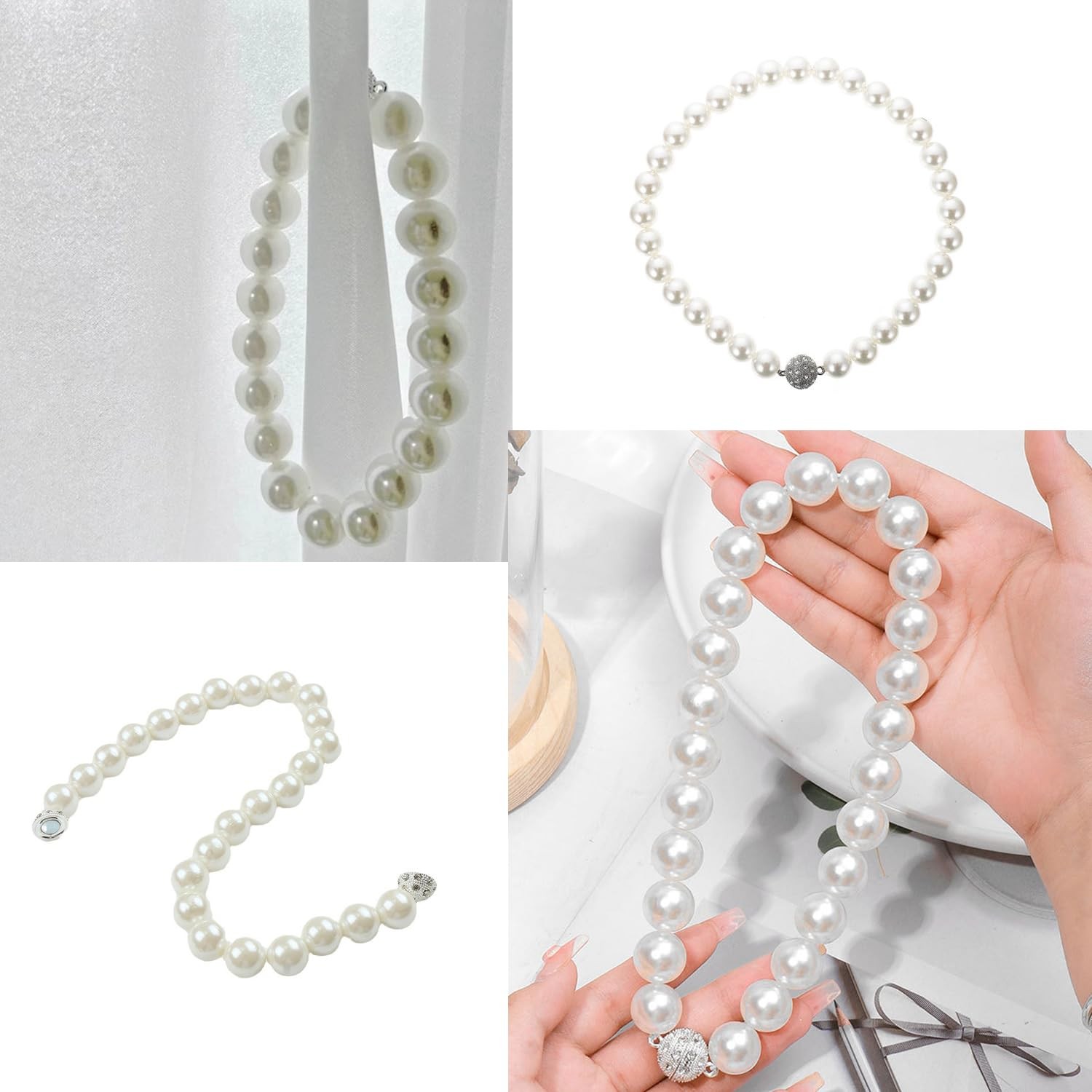 UtySty 4 Pack Curtain Tiebacks Magnetic Beaded Pearl Tie Back Lace Bow White