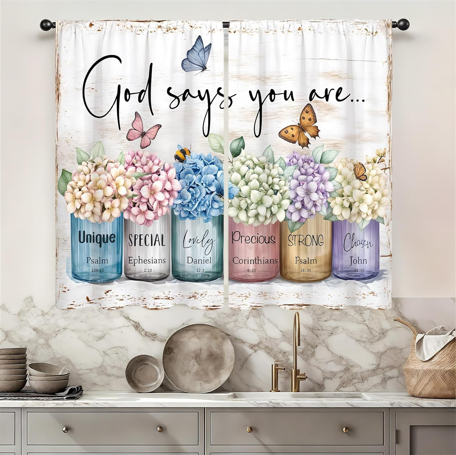 Hydrangea Religious Floral Kitchen Curtain 27.5W X 39L Inch 2 Panels Rod Pocket