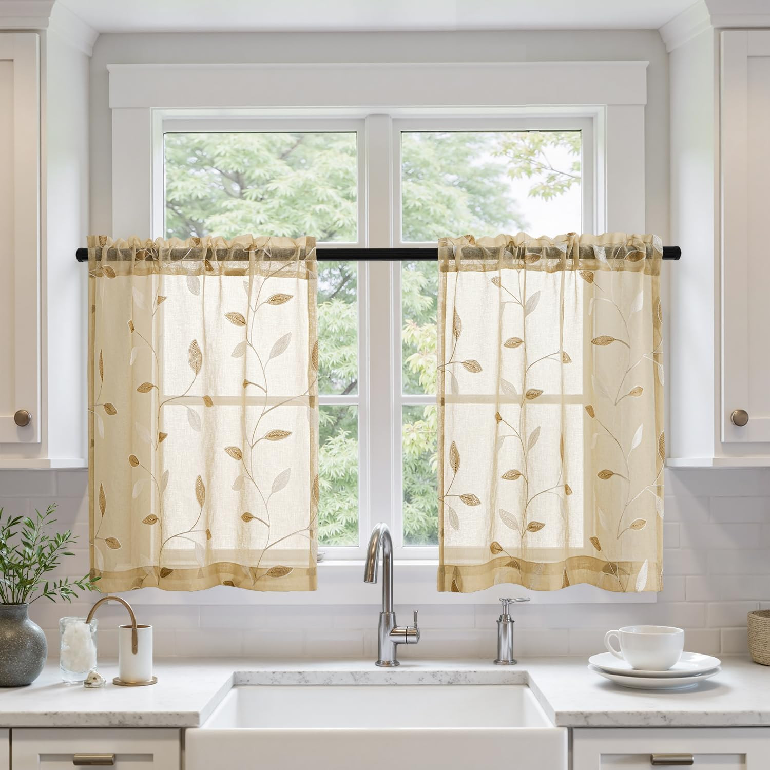 Beige Sheer Kitchen Curtains 30×36 Inch 2 Panels Embroidered Leaf Rod Pocket