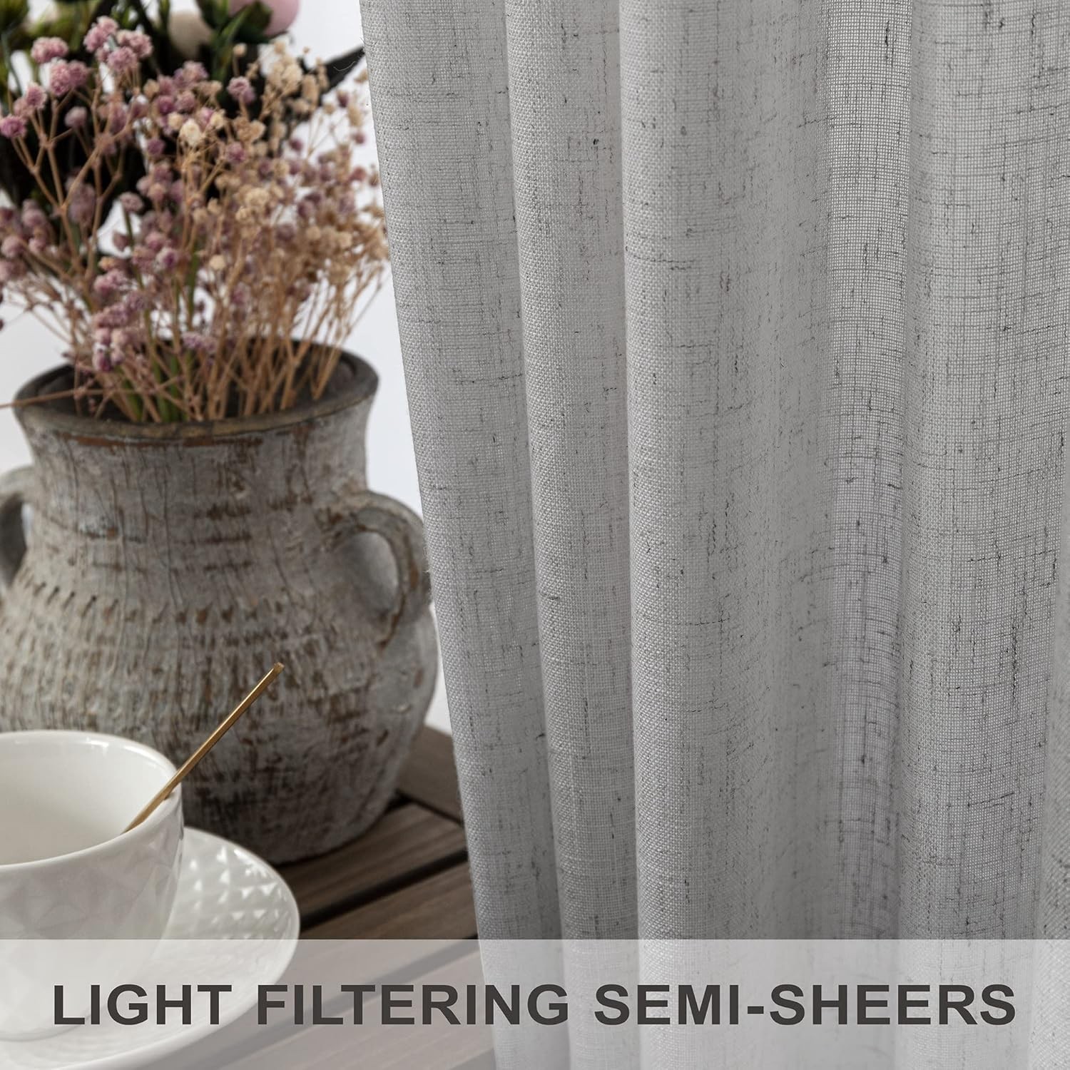 Curtains, light gray linen curtains, semi-transparent, double-layer design