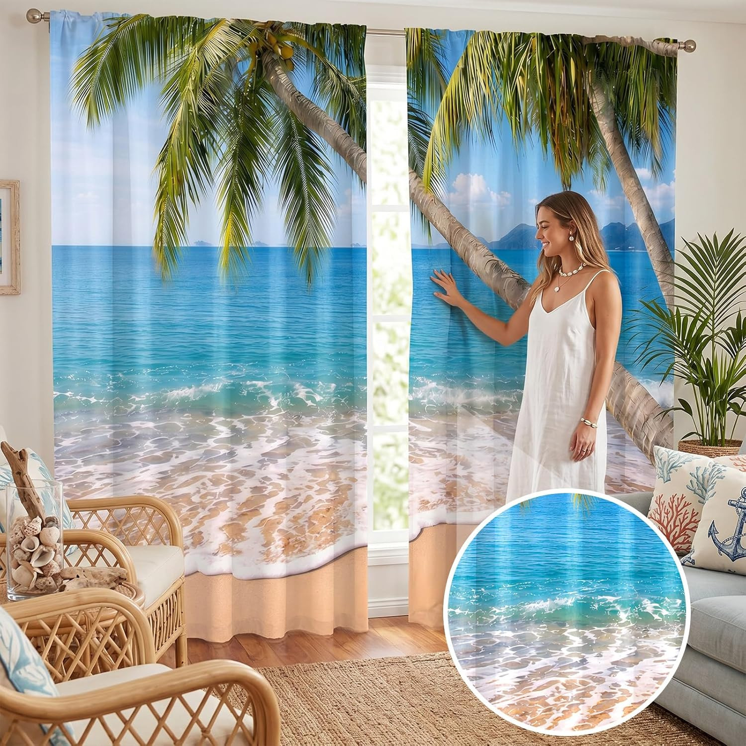 Tropical Beach Palm Tree Window Curtains 2 Panel Set 52 x 84 Inch Polyester