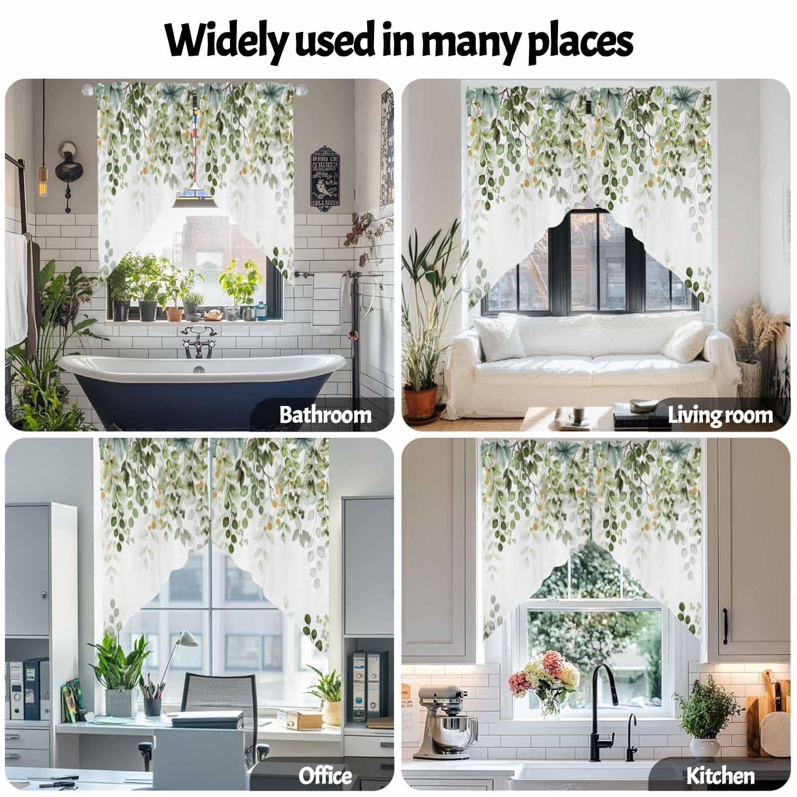 Sage Green Eucalyptus Swag Valance, Botanical Plants Rod Pocket Kitchen Valan…
