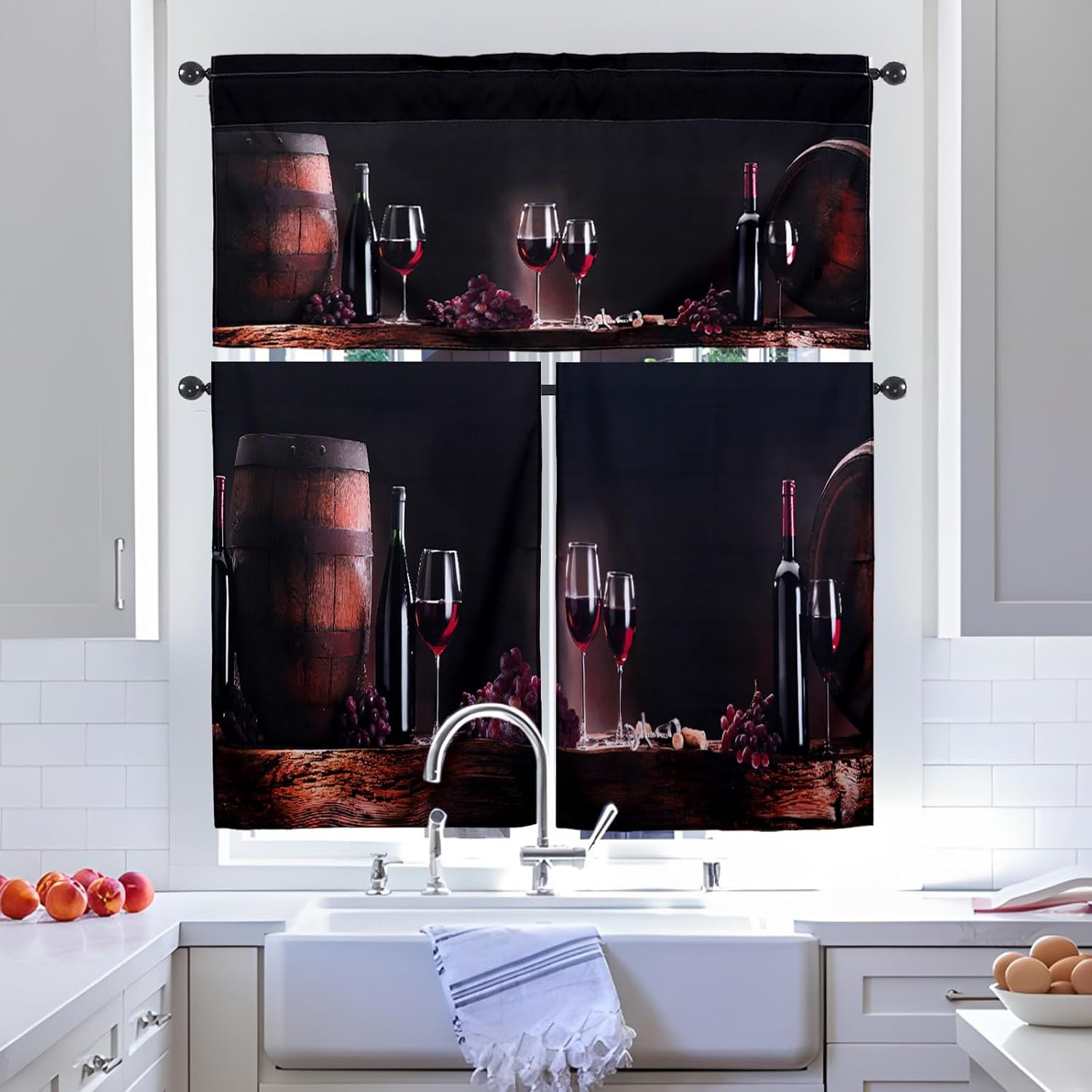 Wine Kitchen Curtains and Valances Set – 3 Piece Kitchen Curtains 36 Inch