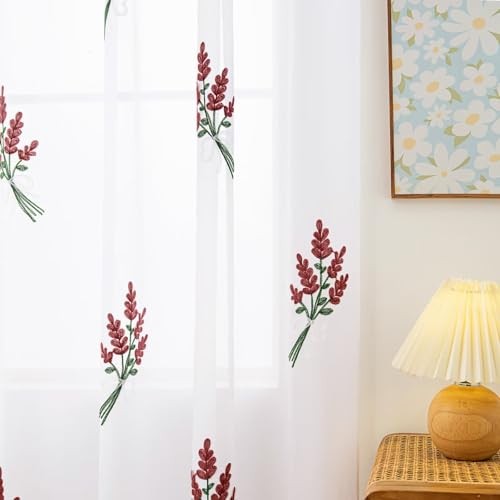 Floral Sheer Curtains Embroidered Lavender 52″W x 63″L (Pack of 2) Burgundy