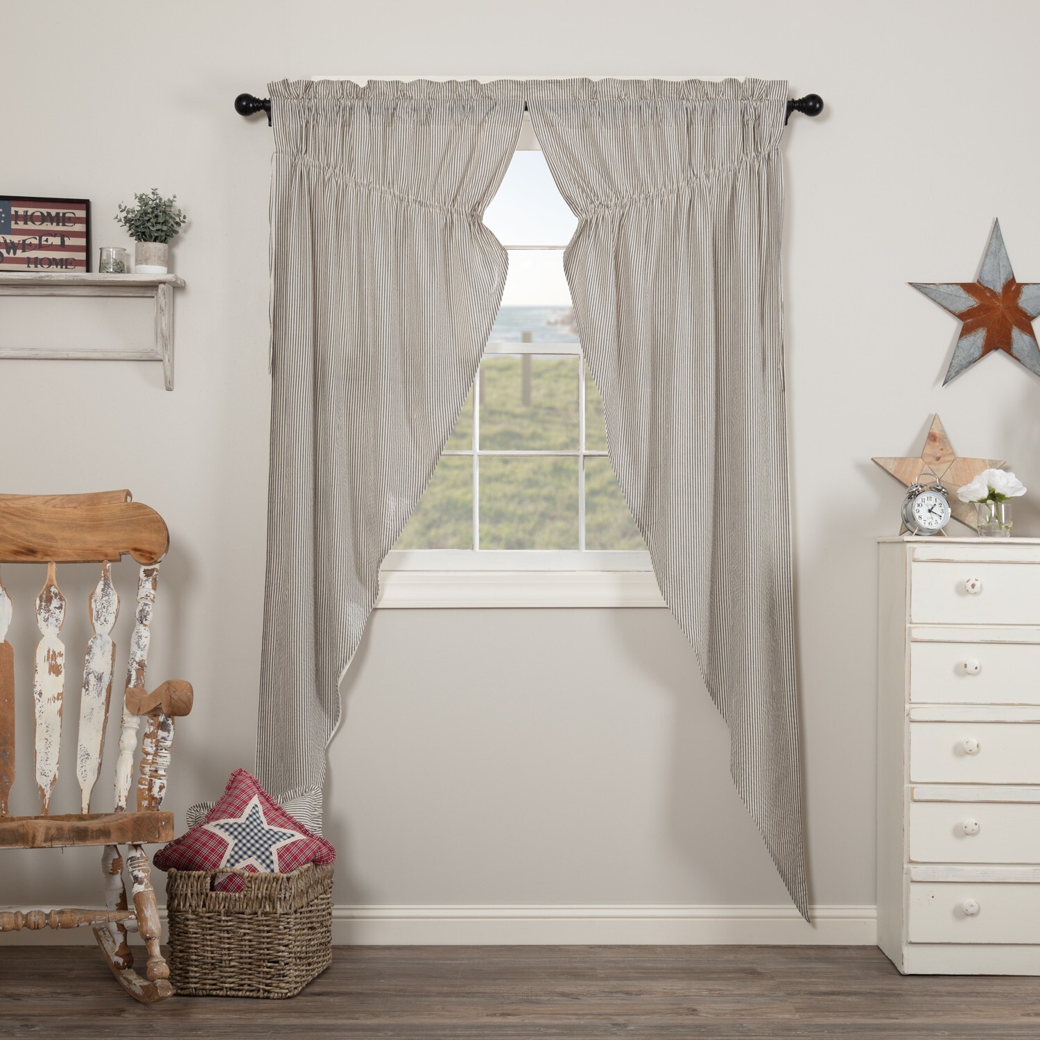 Hatteras Seersucker Blue Ticking Stripe PRAIRIE Long PANEL SET Country 84″ Long