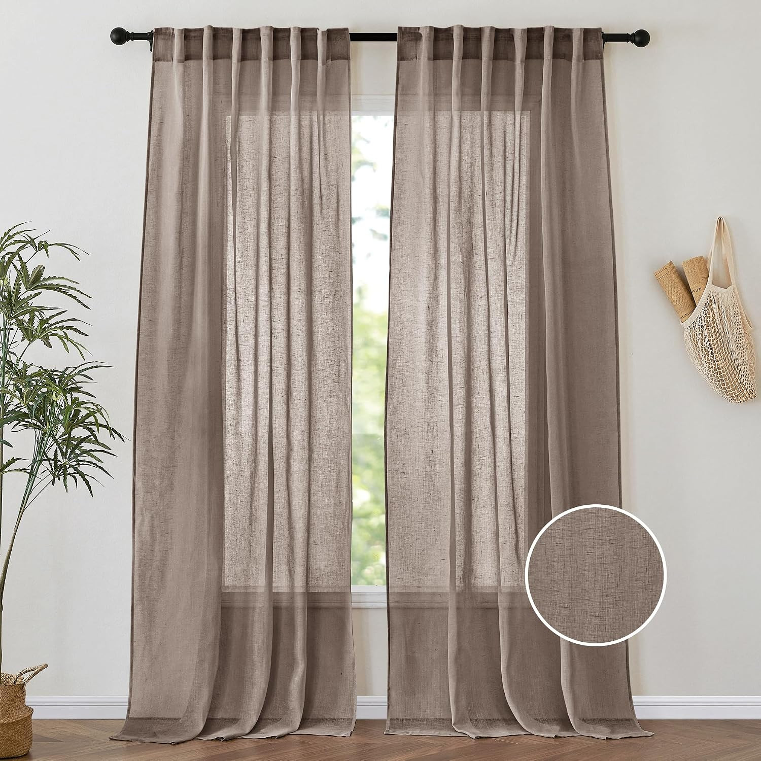 Natural Linen Back Tab Curtains 84 Inch Length for Living Room 2 Panel Pocket Dr