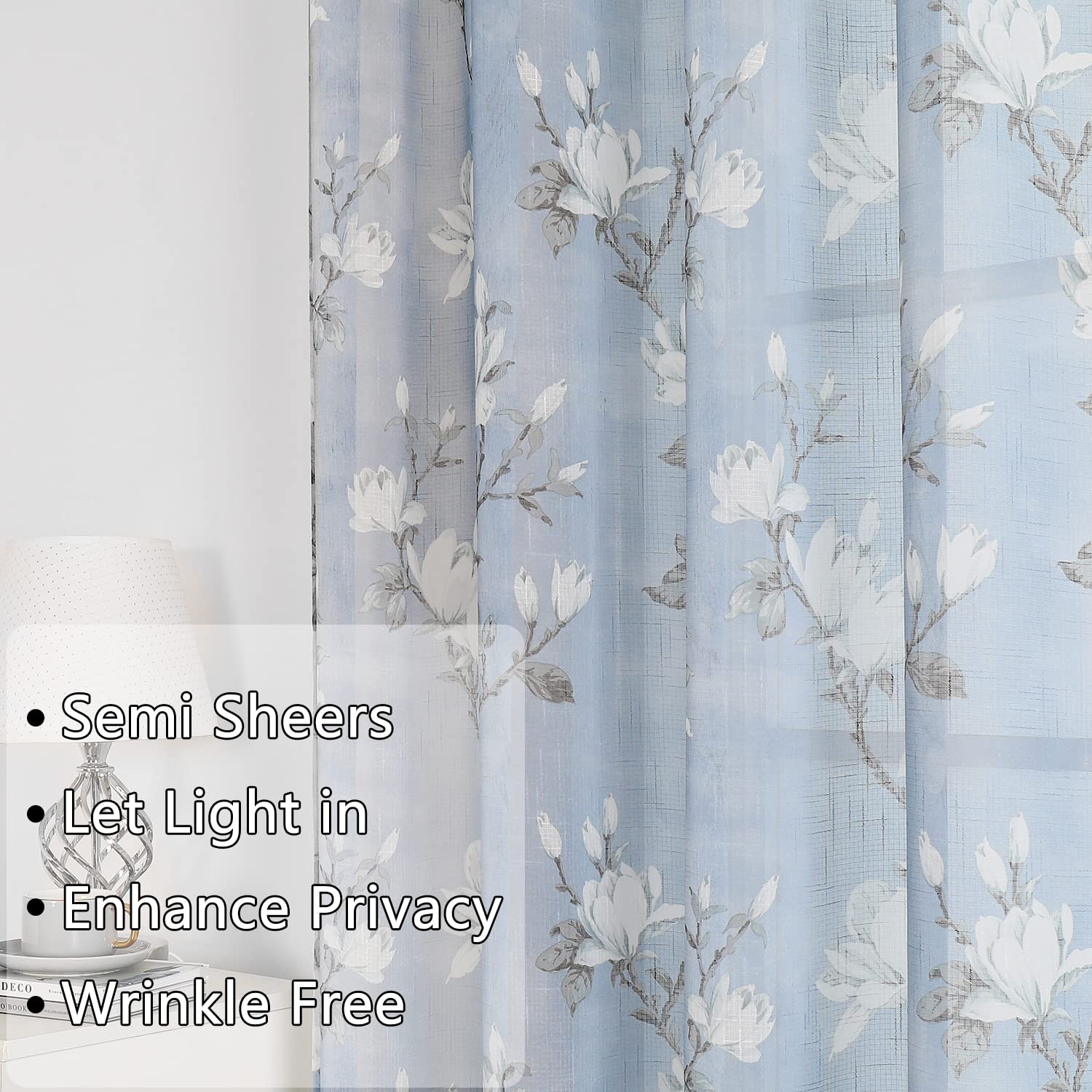 Blue Floral Semi Sheer Curtains 63 Inch 2 Panels