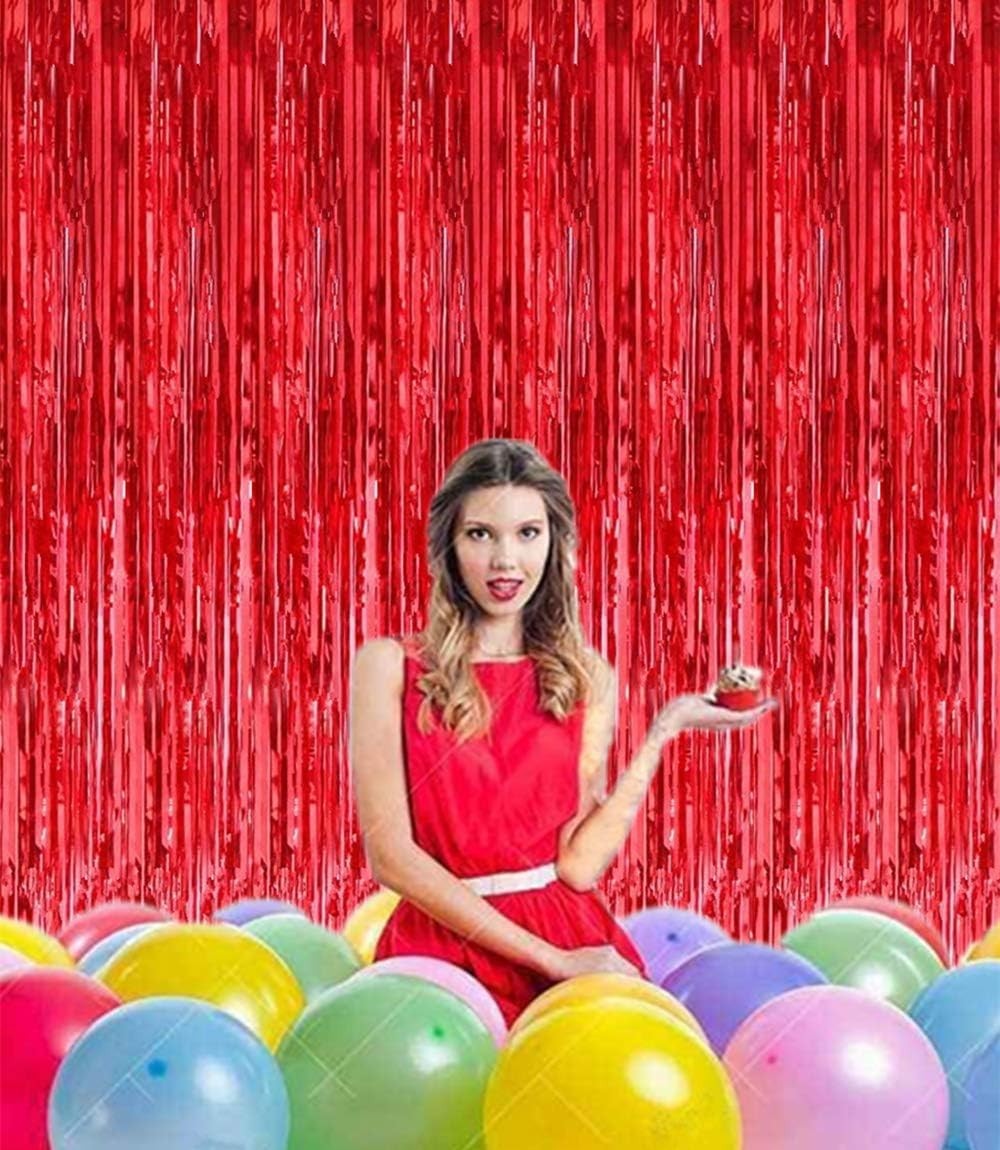 2 Pack 3.2ft x 8.2ft Red Metallic Tinsel Curtains – Instant Party Transformation