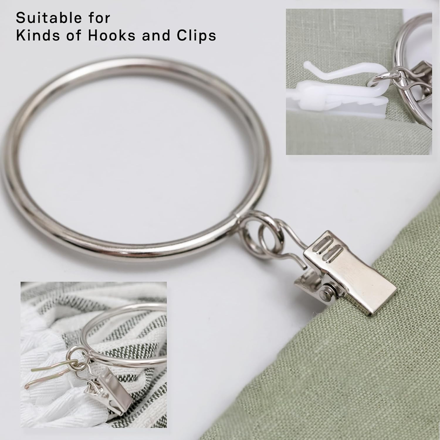 20 Pack Silver Big Curtain Rings with Eyelets with Clips, Metal Drapery Ring for