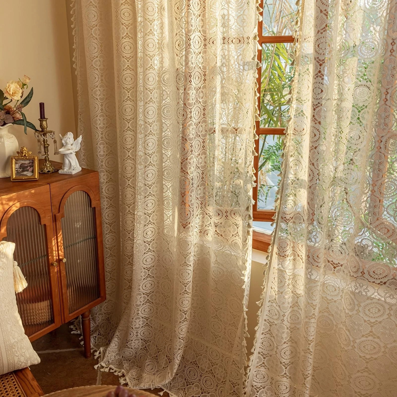Boho Lace Curtains 84 Inches Long 2 Panels Retro 59″W x 84″L (Pack of 2) Beige