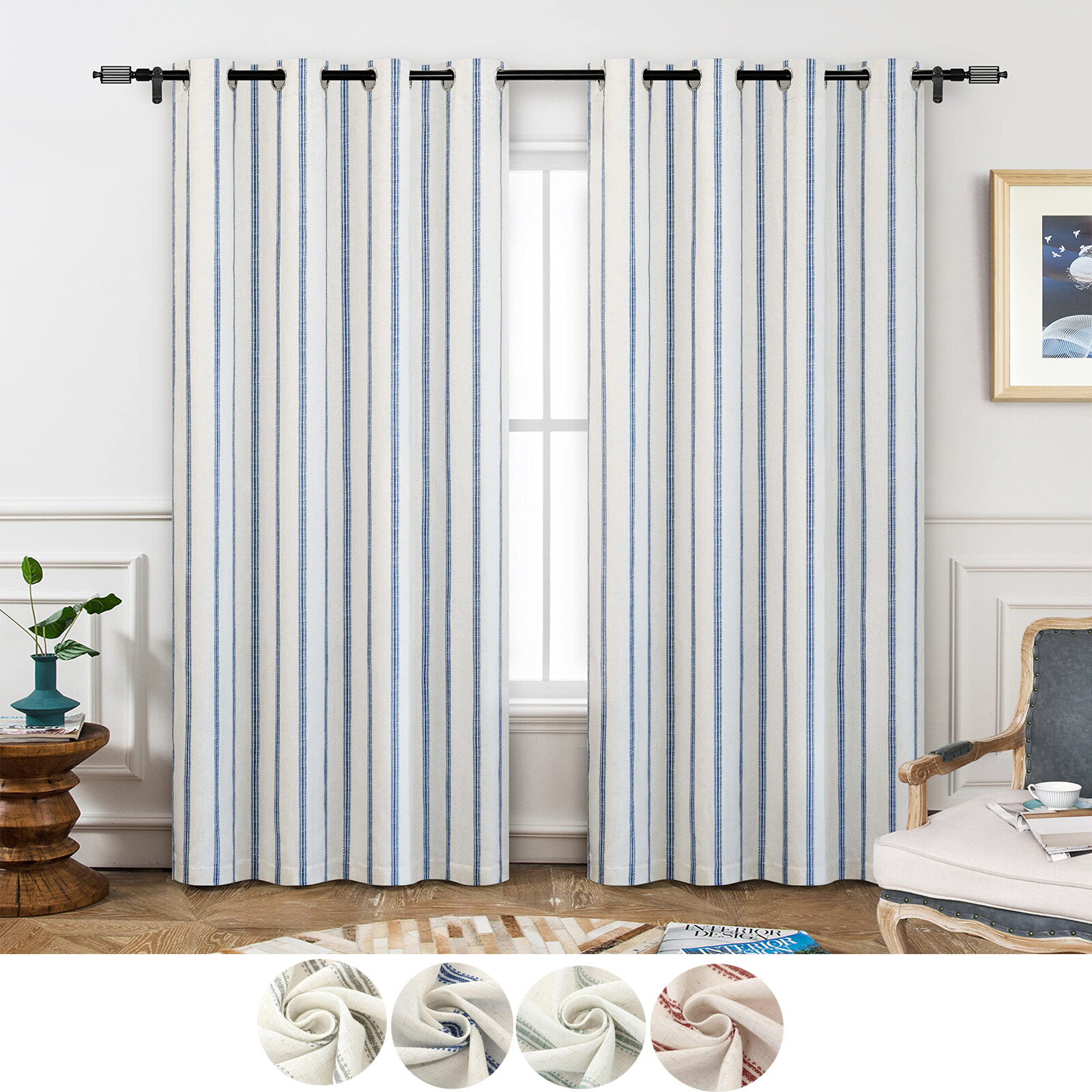 2 Panels Farmhouse Vertical Striped Linen Blackout Curtain Thermal Grommet Drape