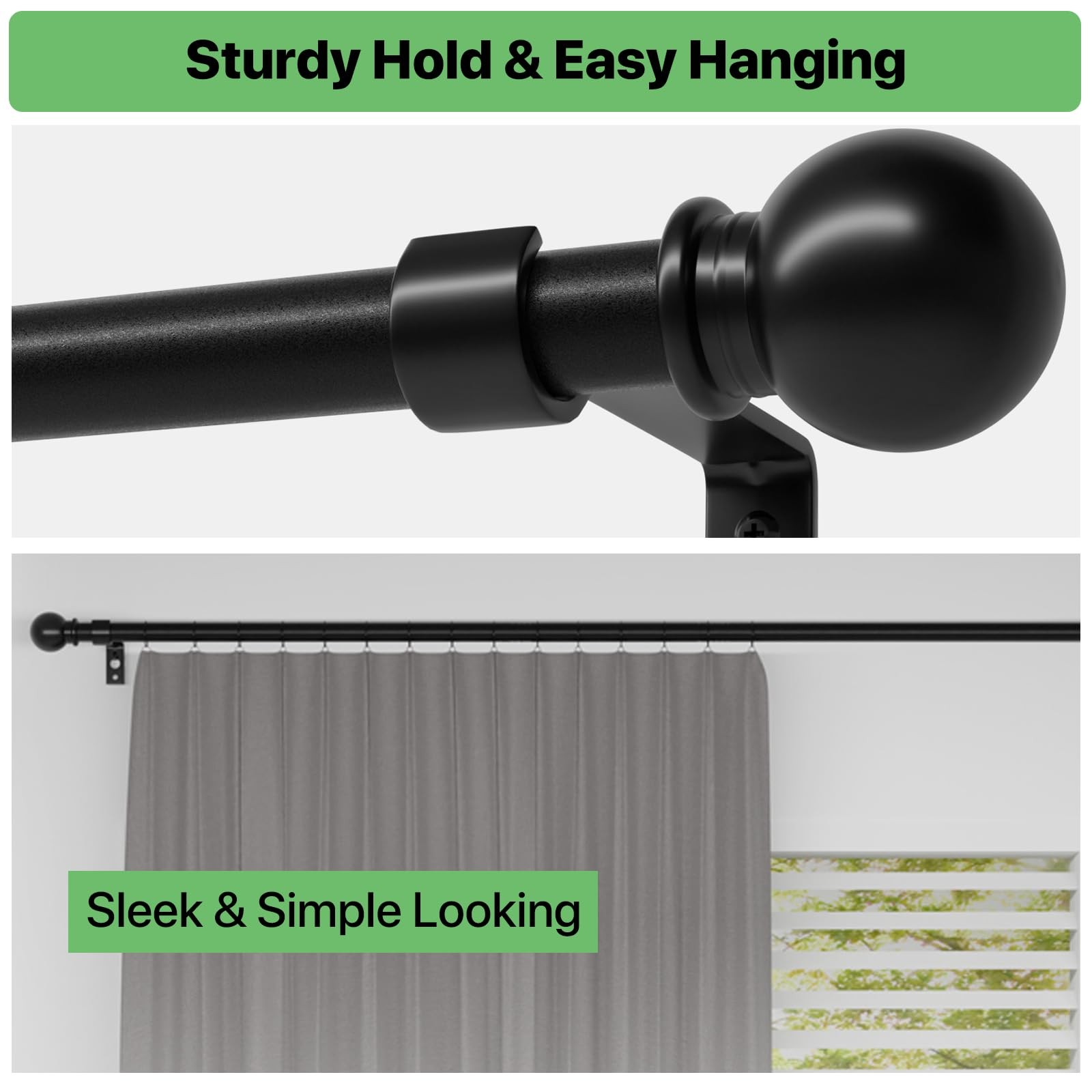 Curtain Rods for Windows 28 to 48 inch, 5/8 inch Black Curtain Rod Set Brackets