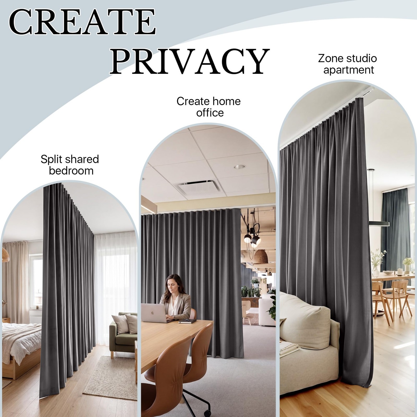 RYB HOME Blackout Curtain Straight Ceiling Track Privacy Divider Grey W60 x L84