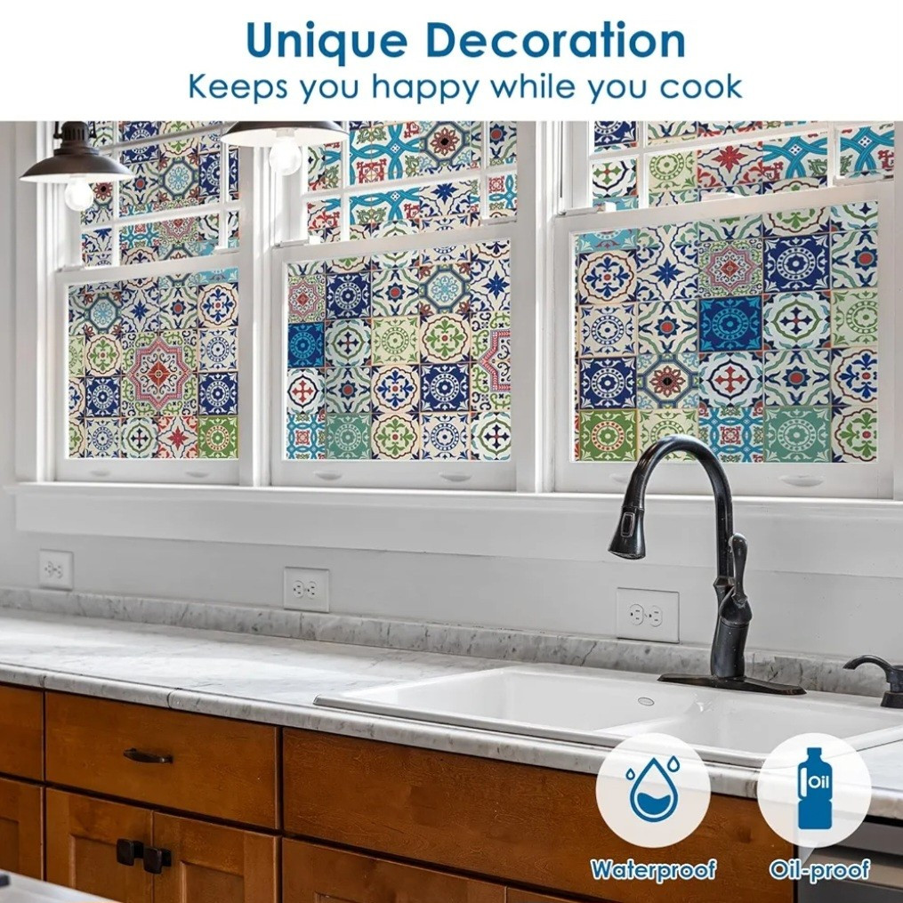 Window Film Talavera Style Stained Glass Static Cling, With Tools, 17.7″ x 78.7″