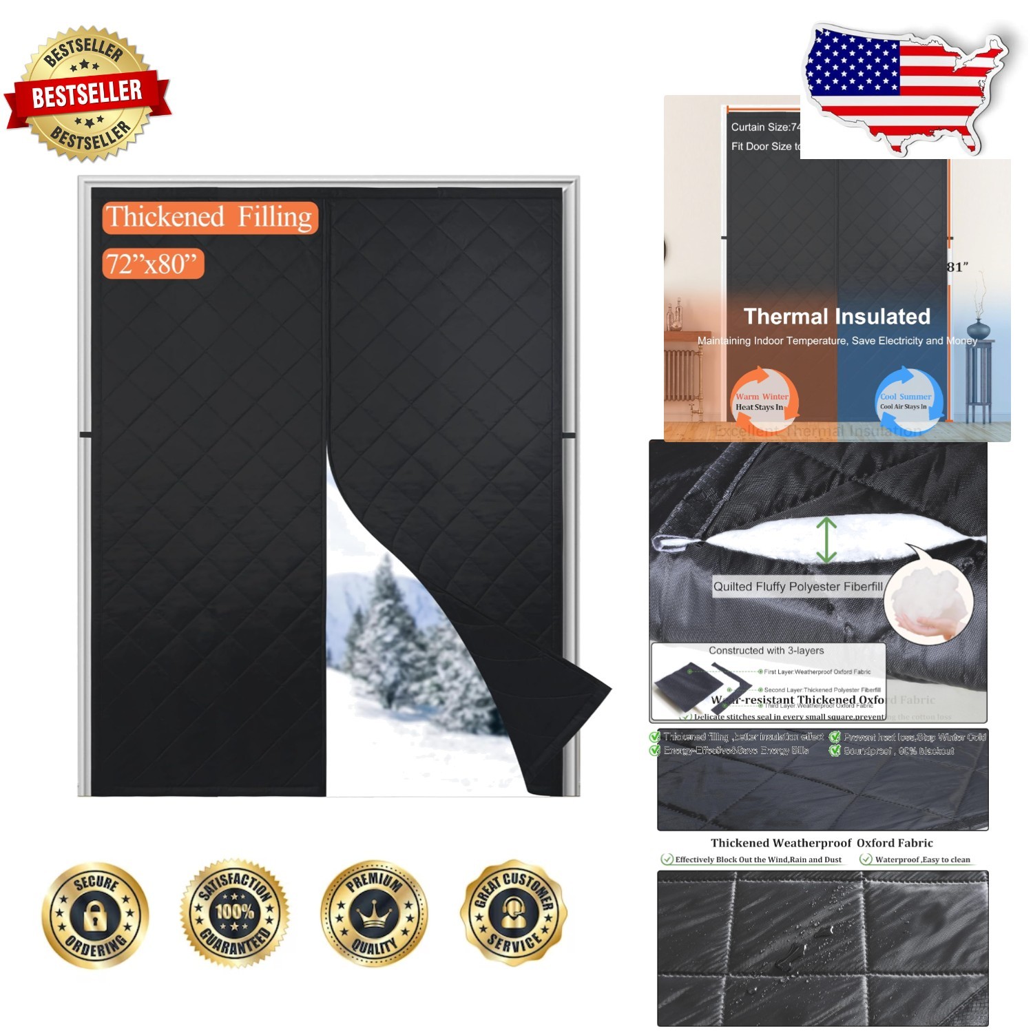 Thick Insulated Door Curtain 72×80″ Magnetic Black Oxford Fabric Thermal Seal