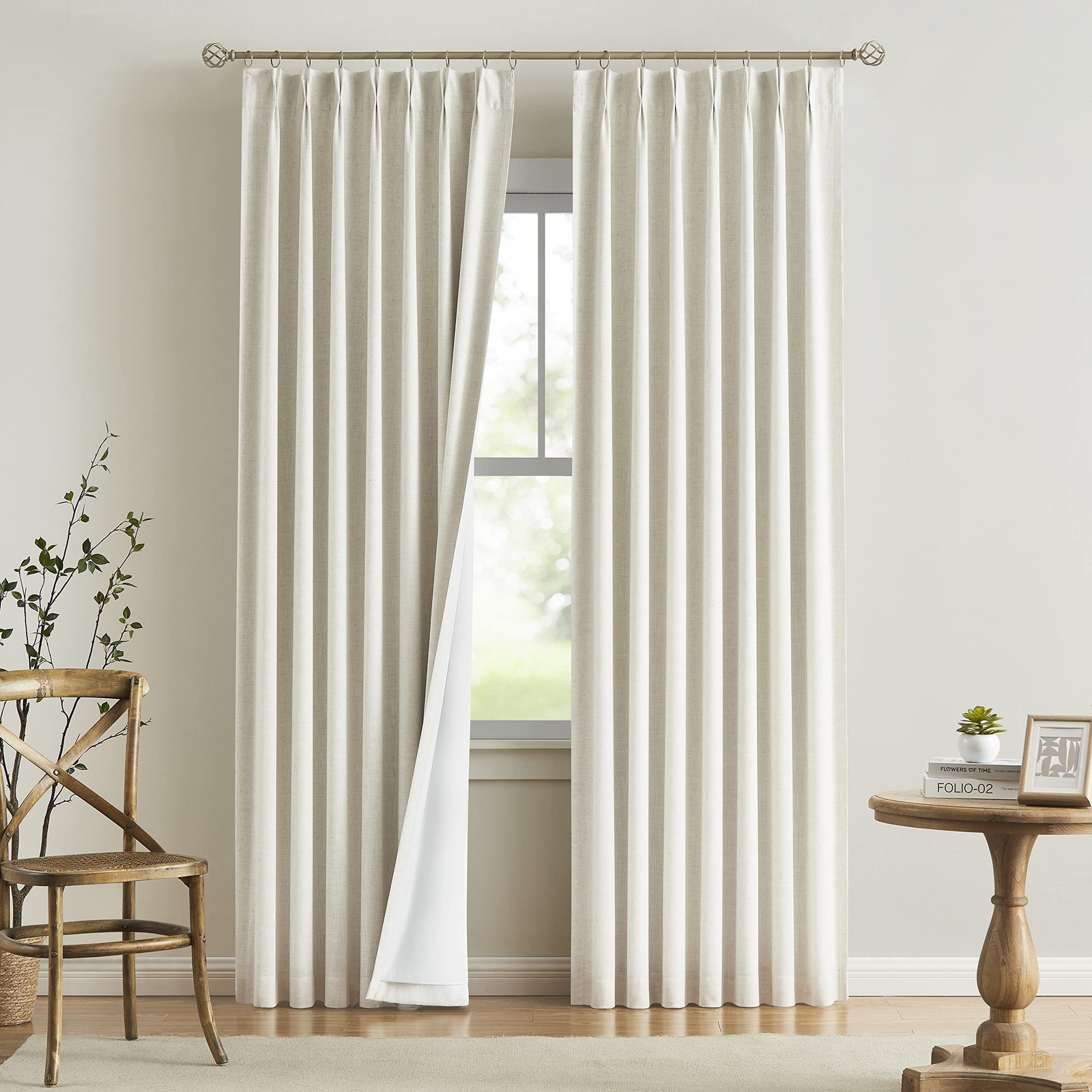 Natural Pinch Pleated Full Blackout Curtains Linen Blended Room Darkening Win…
