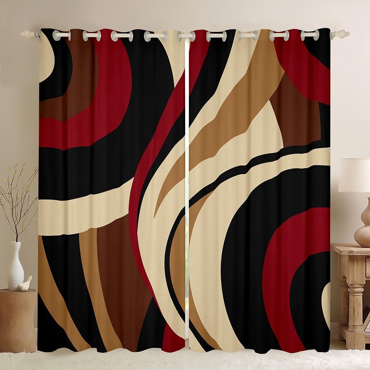 Abstract Curtains,100% Blackout Curtains | Brown Red Black Living Room Curtai…