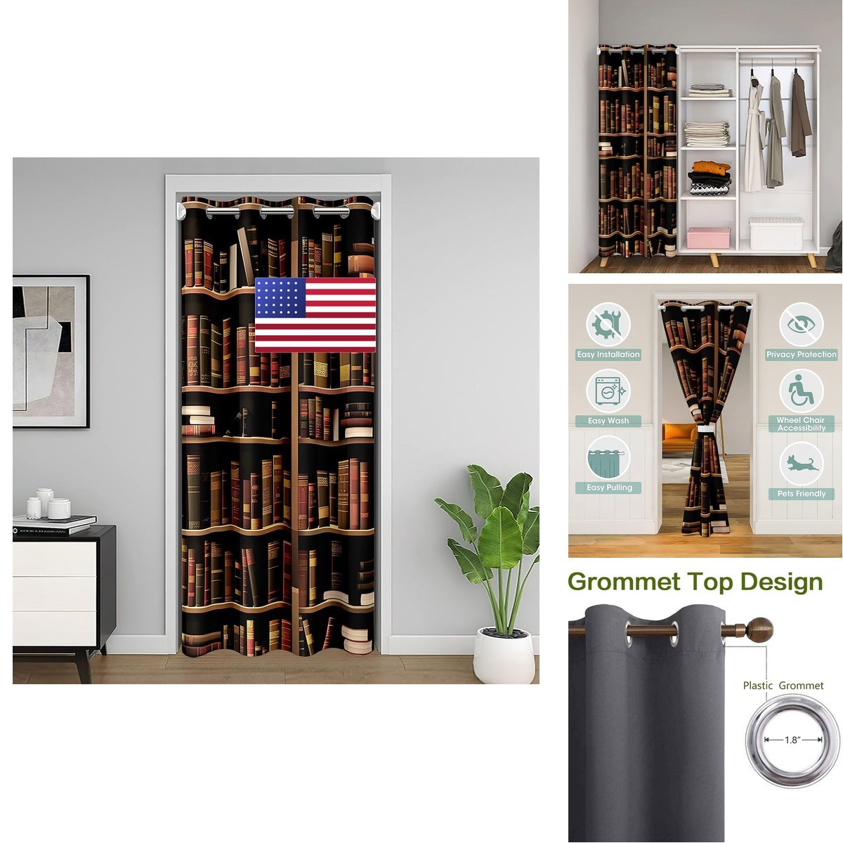 Erosebridal Bookshelf Door Curtain 42″W X 80″L Vintage Library Books