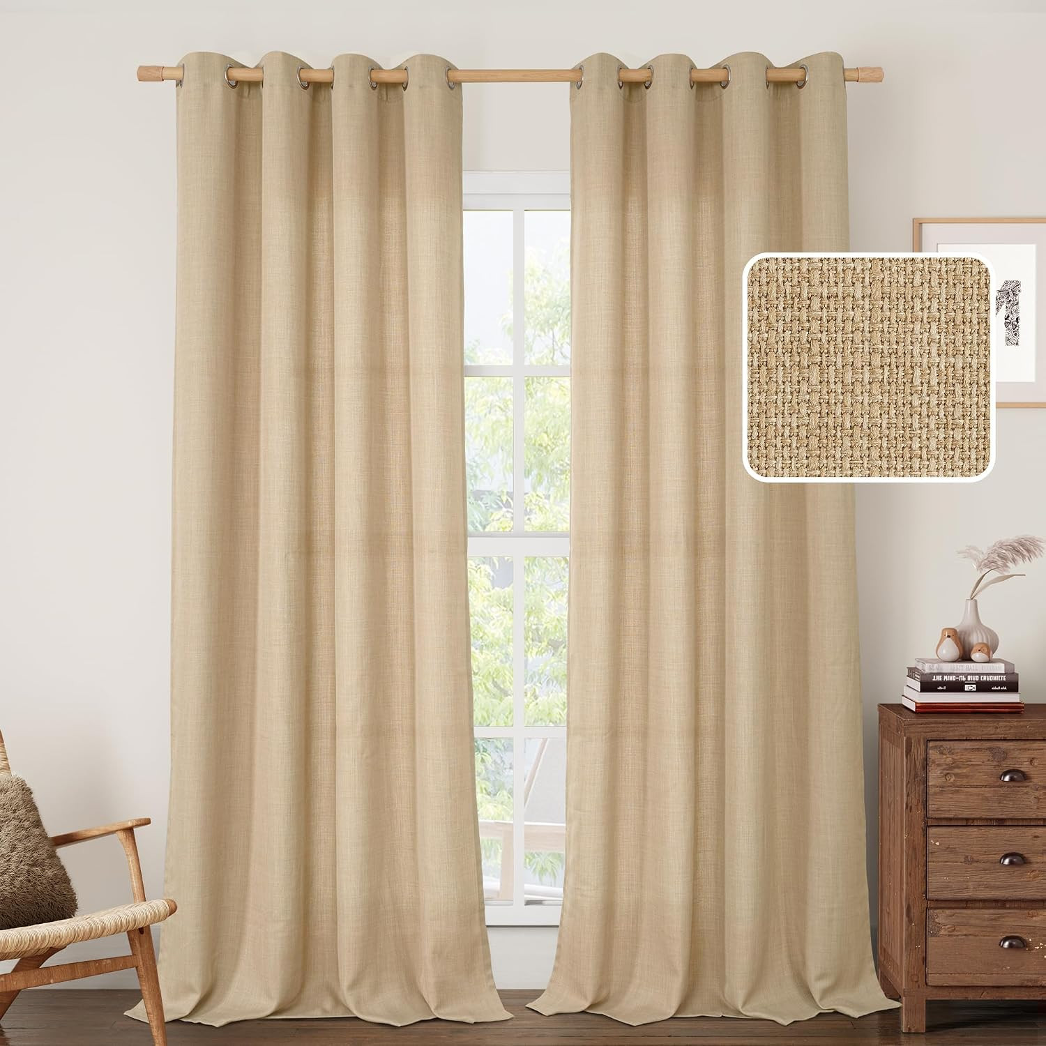 LAMIT Natural Linen Curtains for Living Room 84 Inch Length, Grommet Light Filte